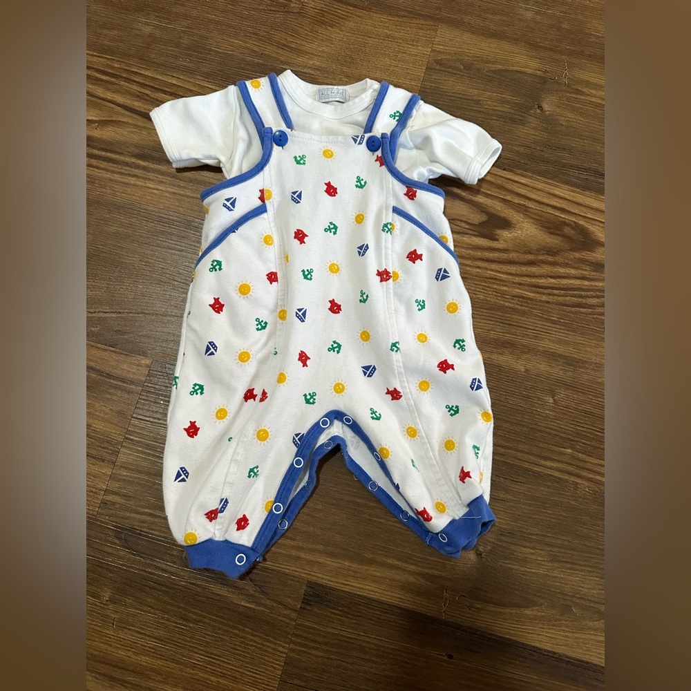 Vintage Baby Nautical Overall Set 6–9M | All Mine | 80s 90s Cotton Outfit